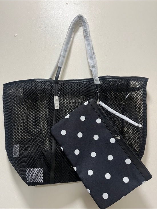 PINK Victoria's Secret Handbags - PINK Victoria's Secret Black Mesh Tote with Polka Dot Pouch
